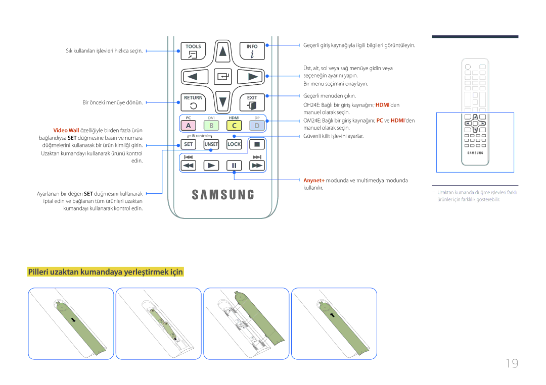 Samsung LH24OHEPKBB/EN, LH24OMEPWBC/EN manual Pilleri uzaktan kumandaya yerleştirmek için, C D 