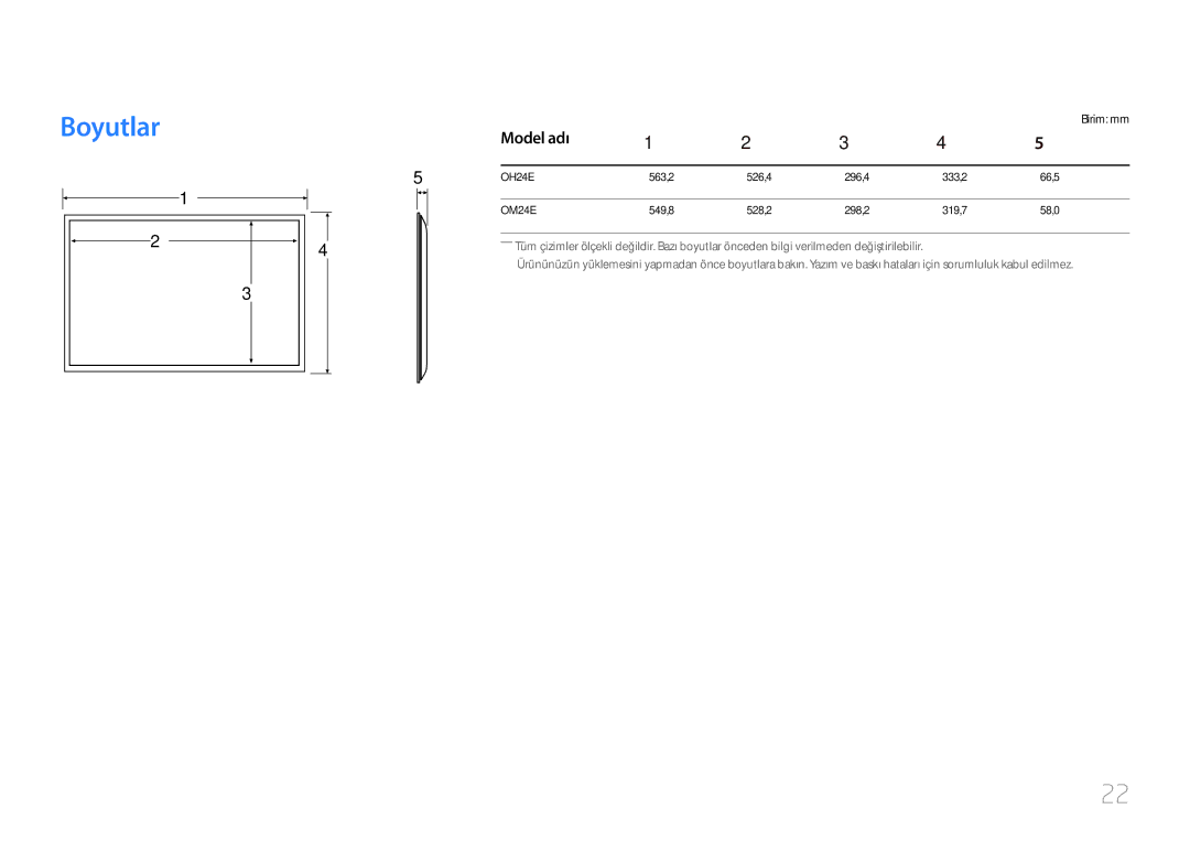 Samsung LH24OMEPWBC/EN, LH24OHEPKBB/EN manual Boyutlar, Model adı, Birim mm 