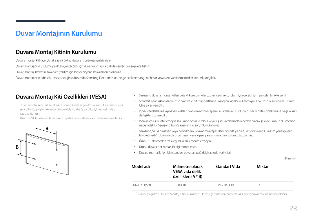 Samsung LH24OHEPKBB/EN Duvar Montajının Kurulumu, Duvara Montaj Kitinin Kurulumu, Duvara Montaj Kiti Özellikleri Vesa 