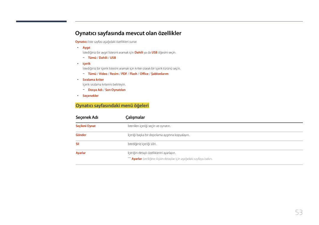 Samsung LH24OHEPKBB/EN, LH24OMEPWBC/EN manual Oynatıcı sayfasında mevcut olan özellikler, Oynatıcı sayfasındaki menü öğeleri 