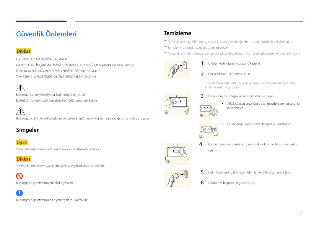 Samsung LH24OHEPKBB/EN, LH24OMEPWBC/EN manual Güvenlik Önlemleri, Temizleme, Simgeler, Dikkat 