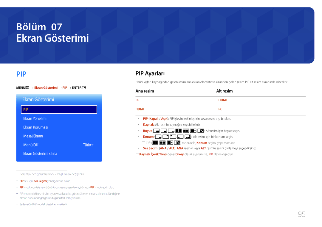 Samsung LH24OHEPKBB/EN, LH24OMEPWBC/EN manual Ekran Gösterimi, PIP Ayarları, Ana resim Alt resim 