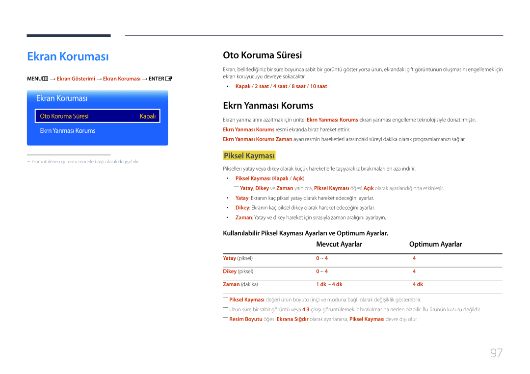 Samsung LH24OHEPKBB/EN, LH24OMEPWBC/EN manual Ekran Koruması, Oto Koruma Süresi, Ekrn Yanması Korums, Piksel Kayması 