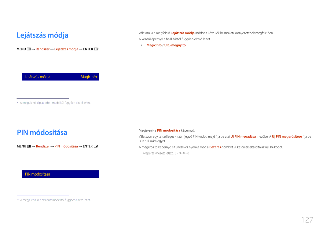 Samsung LH24OHEPKBB/EN, LH24OMEPWBC/EN manual Lejátszás módja, PIN módosítása, 127 