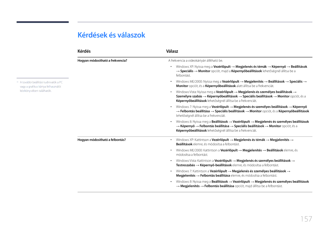 Samsung LH24OHEPKBB/EN, LH24OMEPWBC/EN manual Kérdések és válaszok, 157, Kérdés Válasz, Hogyan módosítható a frekvencia? 