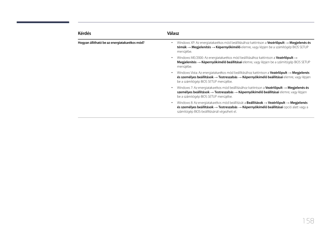 Samsung LH24OMEPWBC/EN, LH24OHEPKBB/EN manual 158, Kérdés, Válasz, Hogyan állítható be az energiatakarékos mód? 