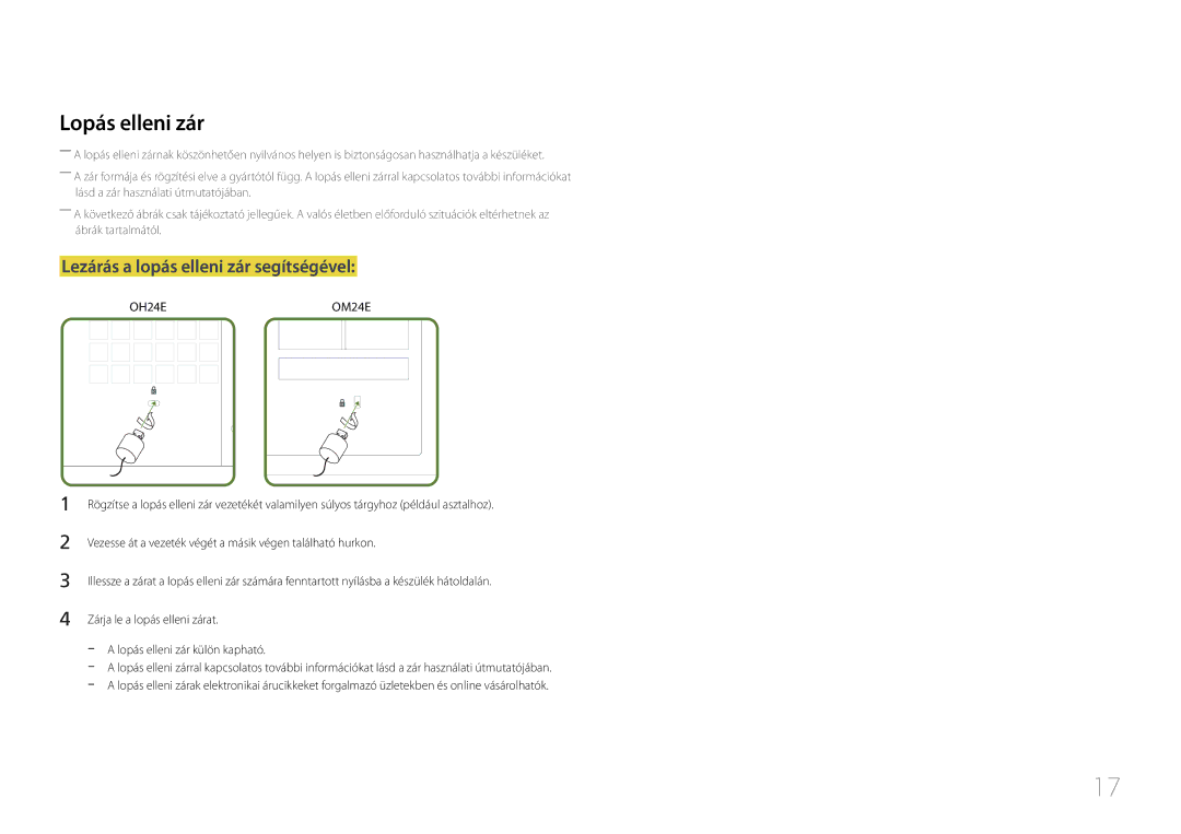 Samsung LH24OHEPKBB/EN, LH24OMEPWBC/EN manual Lopás elleni zár, Lezárás a lopás elleni zár segítségével 