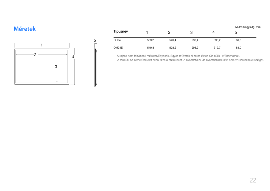 Samsung LH24OMEPWBC/EN, LH24OHEPKBB/EN manual Méretek, Típusnév 