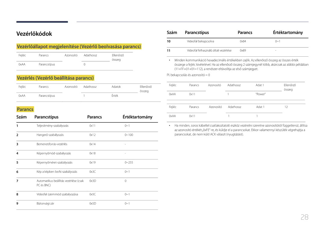 Samsung LH24OMEPWBC/EN, LH24OHEPKBB/EN manual Vezérlőkódok, Vezérlőállapot megjelenítése Vezérlő beolvasása parancs, Parancs 