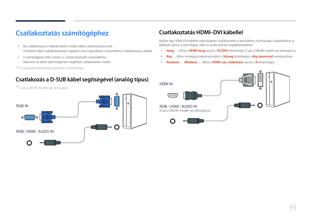 Samsung LH24OHEPKBB/EN, LH24OMEPWBC/EN manual Csatlakoztatás számítógéphez, Csatlakoztatás HDMI-DVI kábellel 