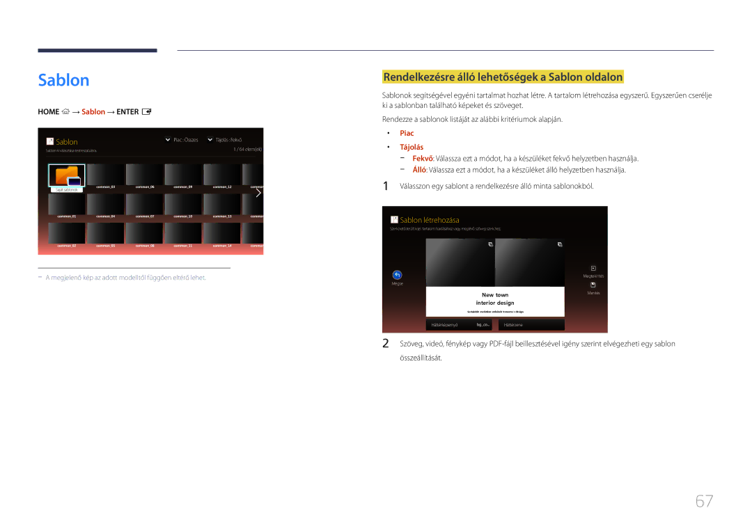 Samsung LH24OHEPKBB/EN manual Rendelkezésre álló lehetőségek a Sablon oldalon, Home → Sablon → Enter E, Piac, Tájolás 