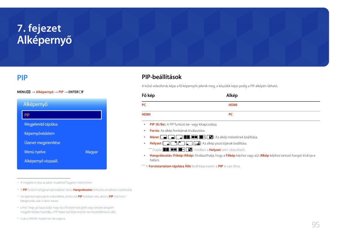 Samsung LH24OHEPKBB/EN, LH24OMEPWBC/EN manual PIP-beállítások, Fő kép Alkép, Alképernyő visszaáll 