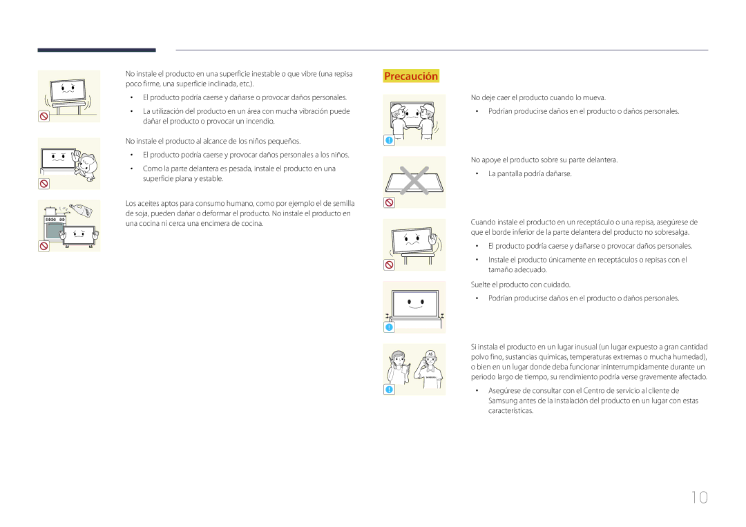 Samsung LH24OMEPWBC/EN manual Poco firme, una superficie inclinada, etc, Una cocina ni cerca una encimera de cocina 