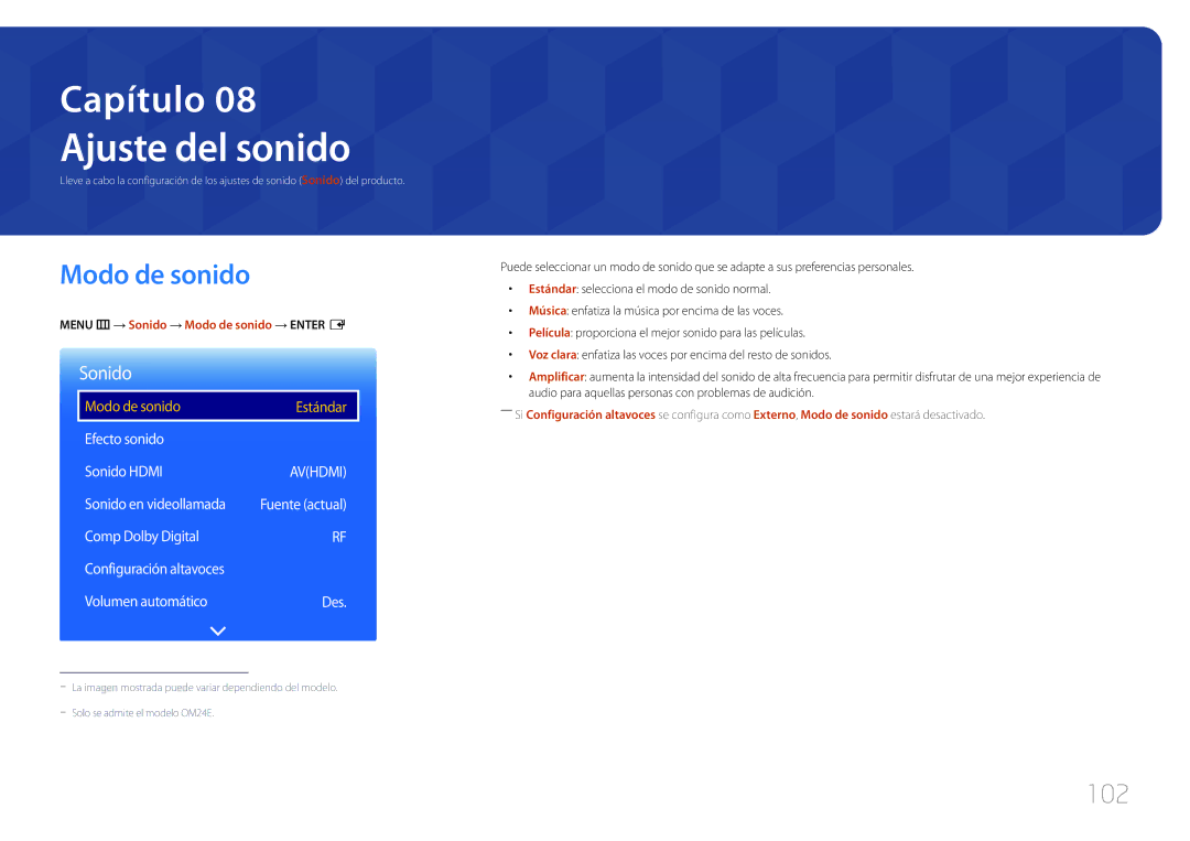 Samsung LH24OMEPWBC/EN, LH24OHEPKBB/EN manual Ajuste del sonido, Modo de sonido, 102, Sonido 