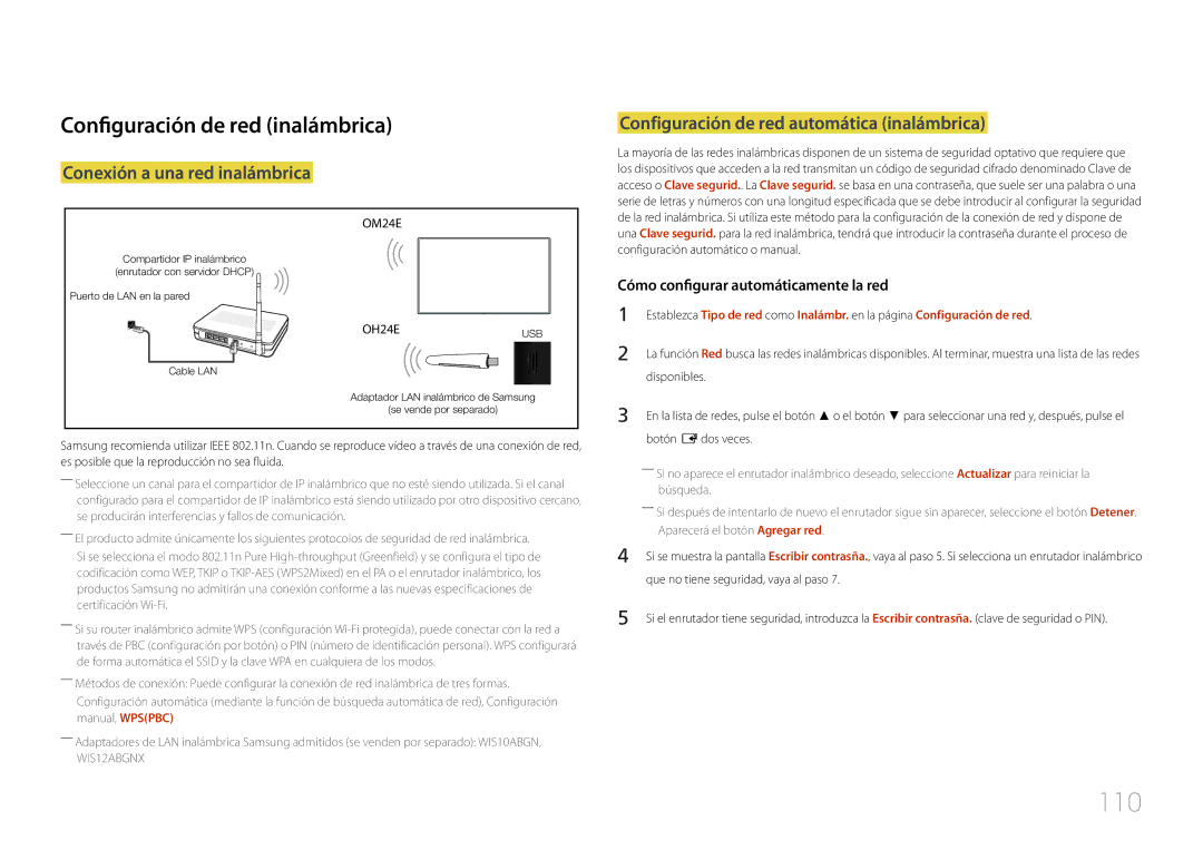 Samsung LH24OMEPWBC/EN, LH24OHEPKBB/EN manual 110, Configuración de red inalámbrica, Conexión a una red inalámbrica 