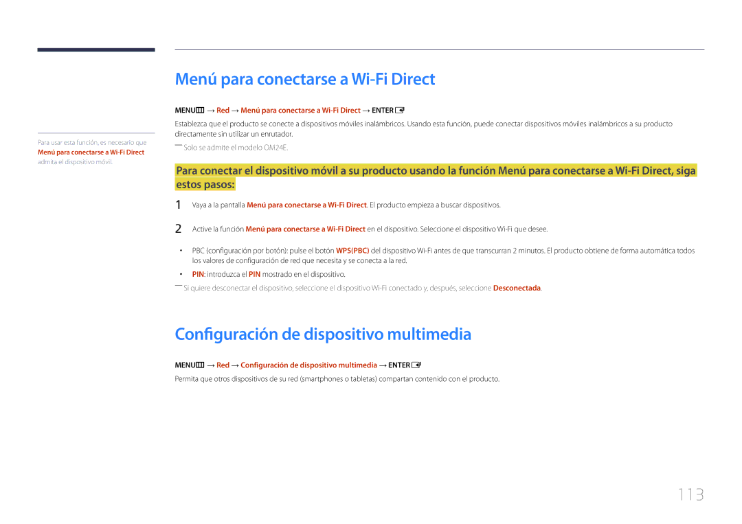 Samsung LH24OHEPKBB/EN, LH24OMEPWBC/EN Menú para conectarse a Wi-Fi Direct, Configuración de dispositivo multimedia, 113 