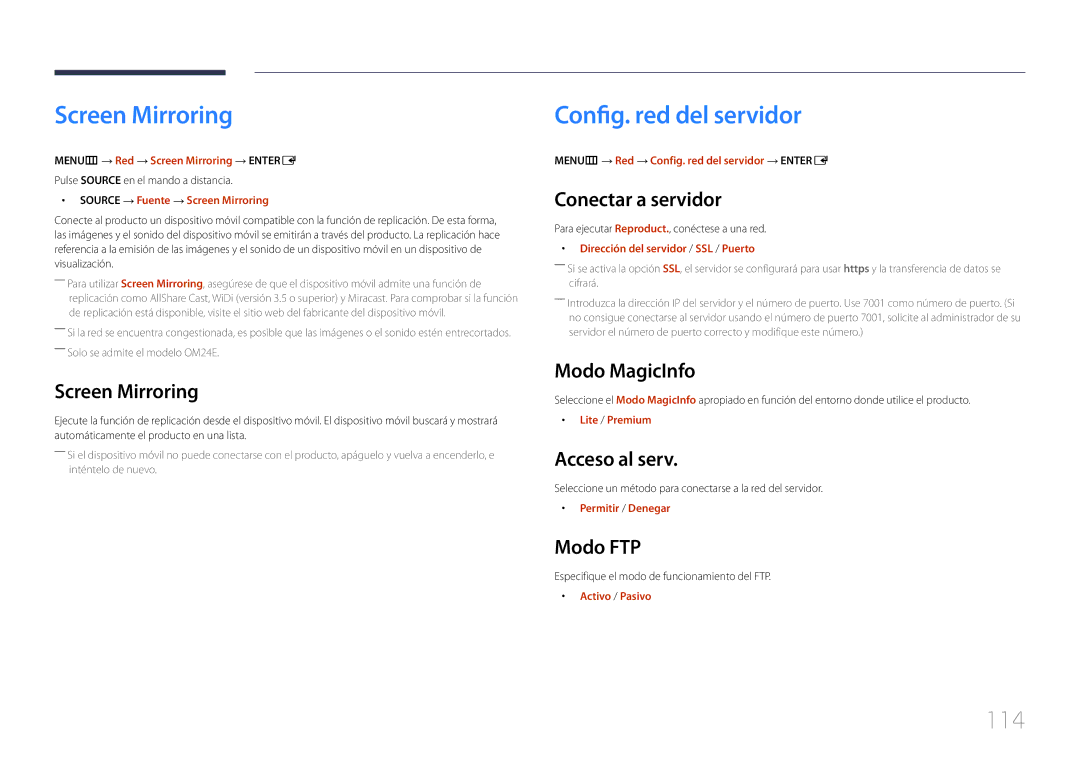 Samsung LH24OMEPWBC/EN, LH24OHEPKBB/EN manual Screen Mirroring, Config. red del servidor, 114 