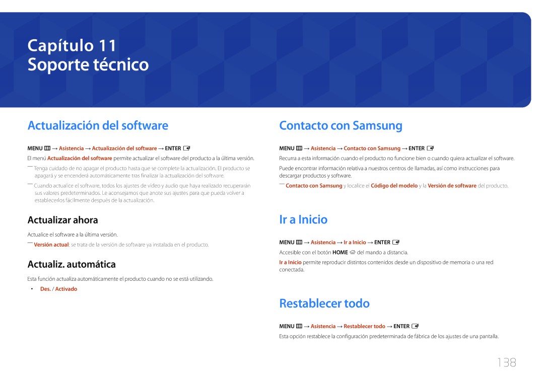 Samsung LH24OMEPWBC/EN Soporte técnico, Actualización del software, Contacto con Samsung, Ir a Inicio, Restablecer todo 