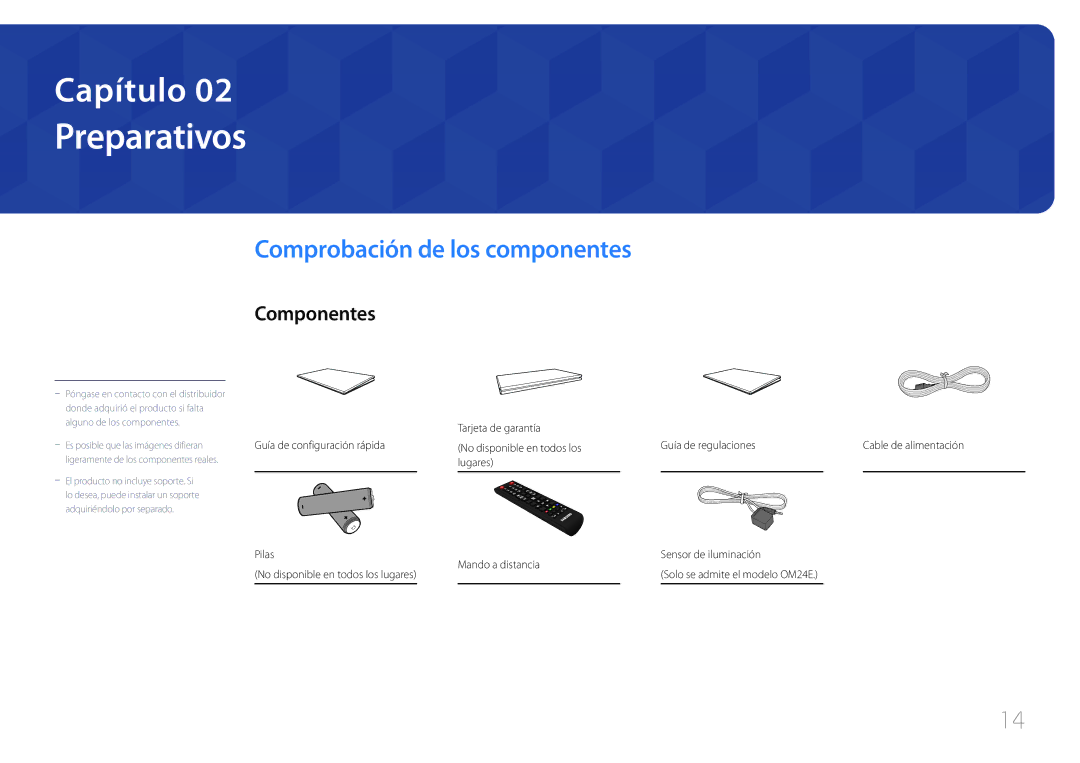 Samsung LH24OMEPWBC/EN, LH24OHEPKBB/EN manual Preparativos, Comprobación de los componentes, Componentes 