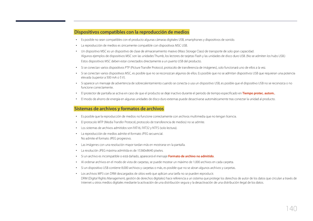 Samsung LH24OMEPWBC/EN, LH24OHEPKBB/EN manual 140, Dispositivos compatibles con la reproducción de medios 