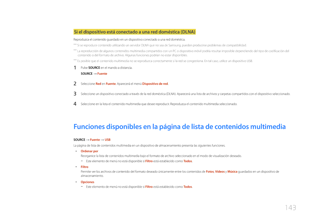 Samsung LH24OHEPKBB/EN manual 143, Si el dispositivo está conectado a una red doméstica Dlna, Source → Fuente → USB 