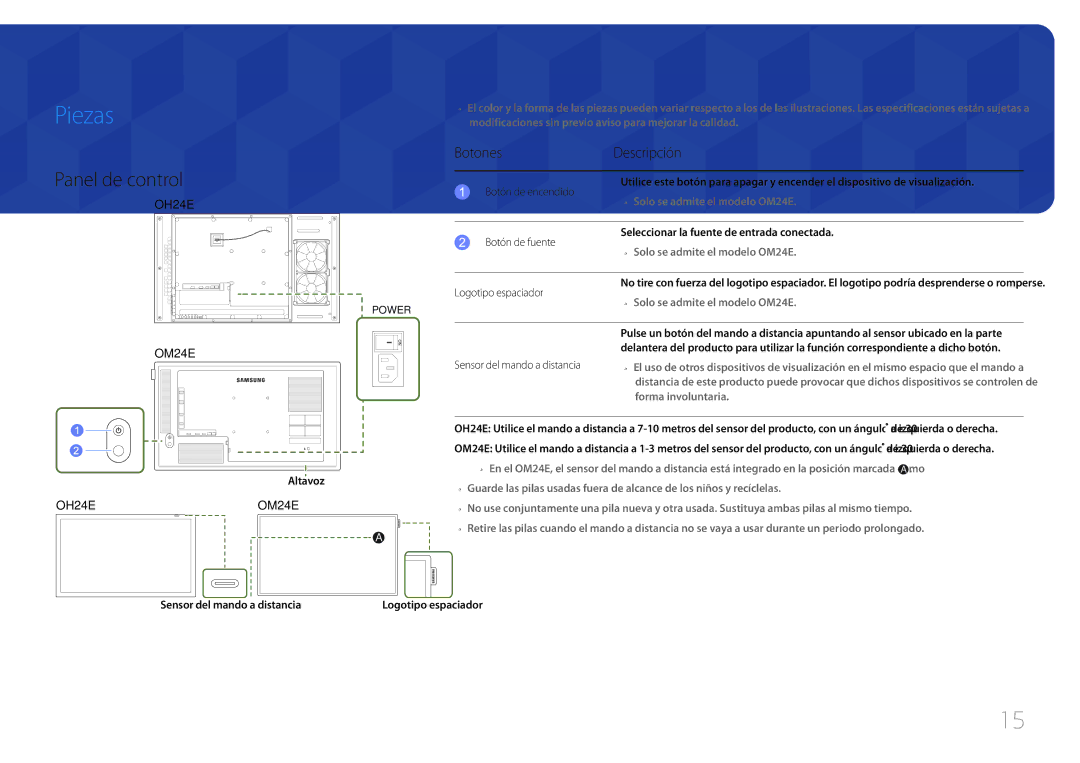 Samsung LH24OHEPKBB/EN, LH24OMEPWBC/EN manual Piezas, Panel de control, BotonesDescripción 