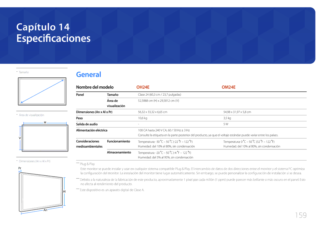 Samsung LH24OHEPKBB/EN, LH24OMEPWBC/EN manual Especificaciones, 159 