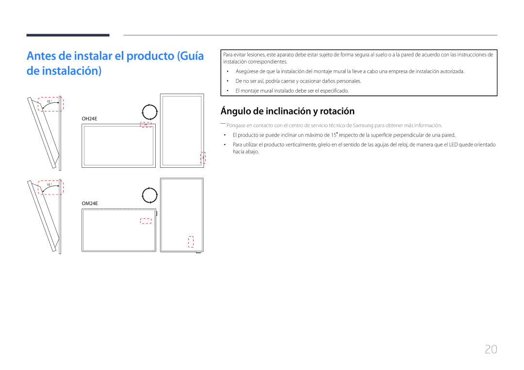 Samsung LH24OMEPWBC/EN, LH24OHEPKBB/EN Antes de instalar el producto Guía de instalación, Ángulo de inclinación y rotación 