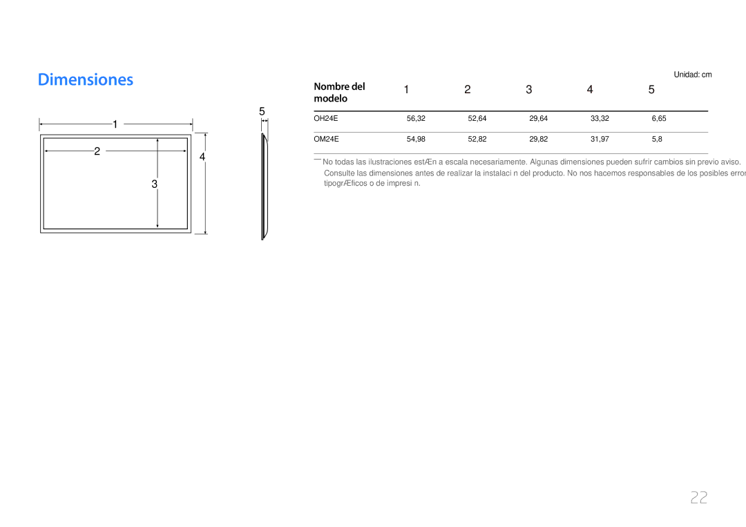 Samsung LH24OMEPWBC/EN, LH24OHEPKBB/EN manual Dimensiones, Nombre del Modelo, Unidad cm 