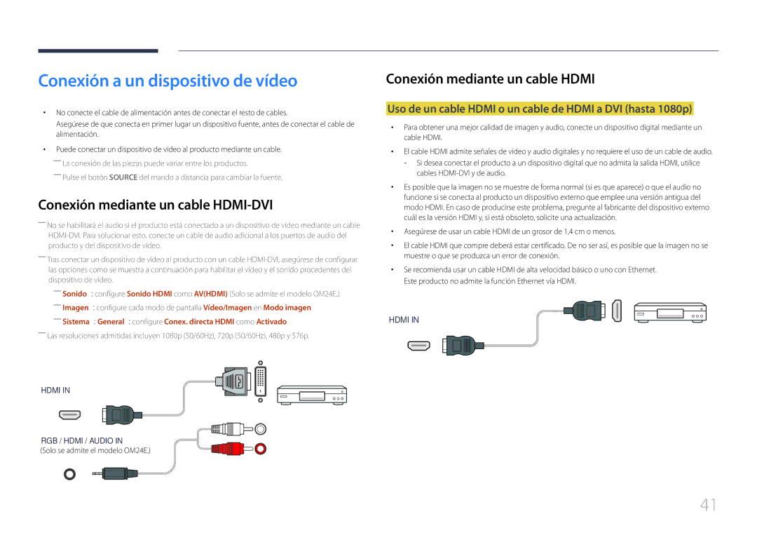 Samsung LH24OHEPKBB/EN manual Conexión a un dispositivo de vídeo, Uso de un cable Hdmi o un cable de Hdmi a DVI hasta 1080p 