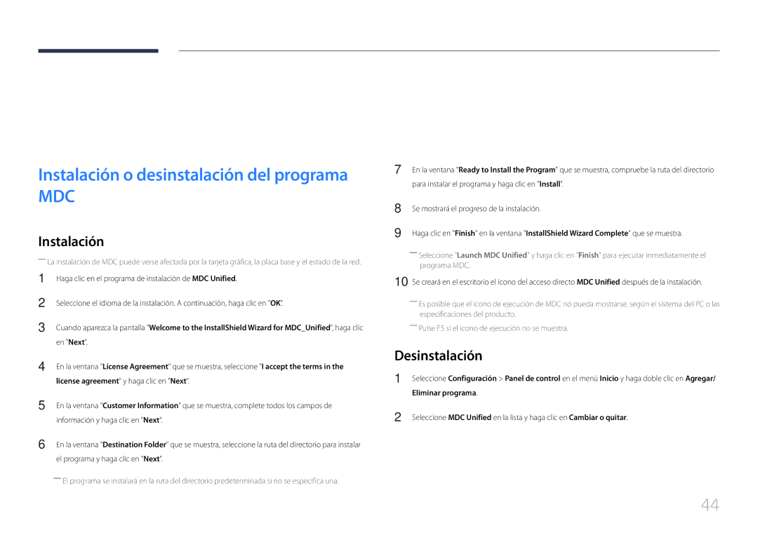 Samsung LH24OMEPWBC/EN, LH24OHEPKBB/EN manual Uso de MDC, Desinstalación, Eliminar programa 