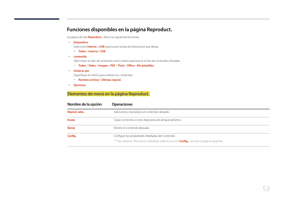 Samsung LH24OHEPKBB/EN manual Funciones disponibles en la página Reproduct, Elementos de menú en la página Reproduct 