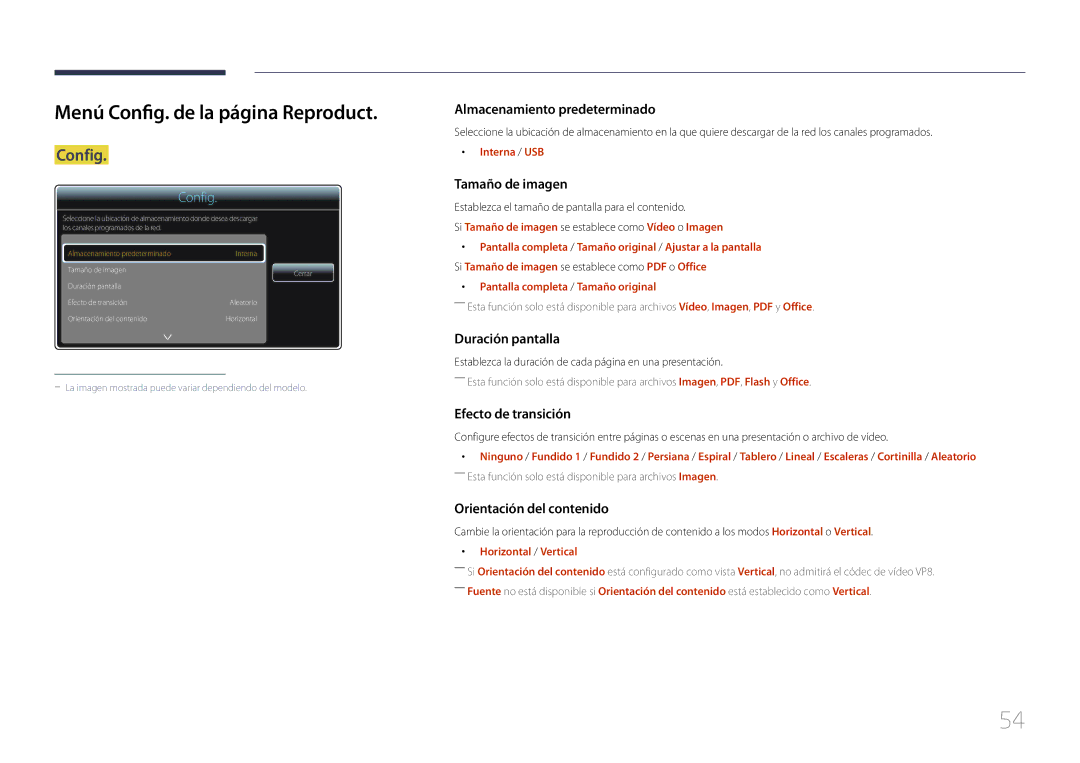 Samsung LH24OMEPWBC/EN, LH24OHEPKBB/EN manual Menú Config. de la página Reproduct 