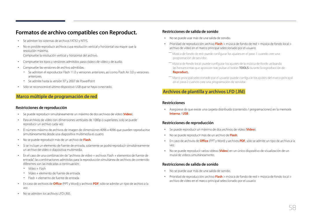 Samsung LH24OMEPWBC/EN manual Formatos de archivo compatibles con Reproduct, Marco múltiple de programación de red 