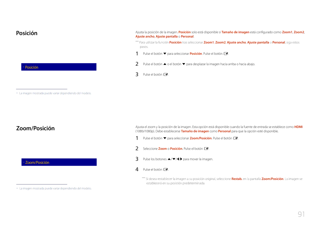 Samsung LH24OHEPKBB/EN, LH24OMEPWBC/EN manual Zoom/Posición, Tamaño de imagen 