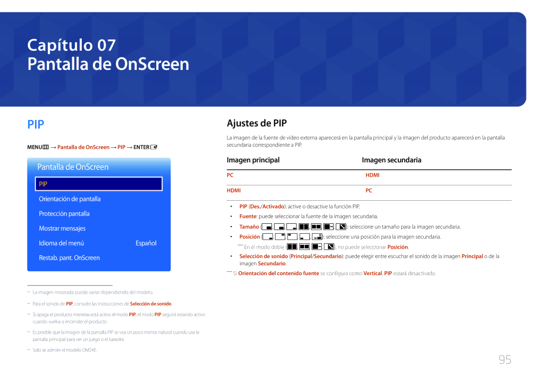 Samsung LH24OHEPKBB/EN Pantalla de OnScreen, Ajustes de PIP, Imagen principal Imagen secundaria, Restab. pant. OnScreen 