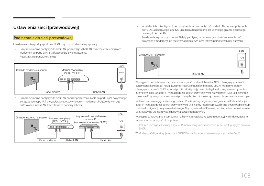 Samsung LH24OMEPWBC/EN, LH24OHEPKBB/EN manual Ustawienia sieci przewodowej, Podłączanie do sieci przewodowej 