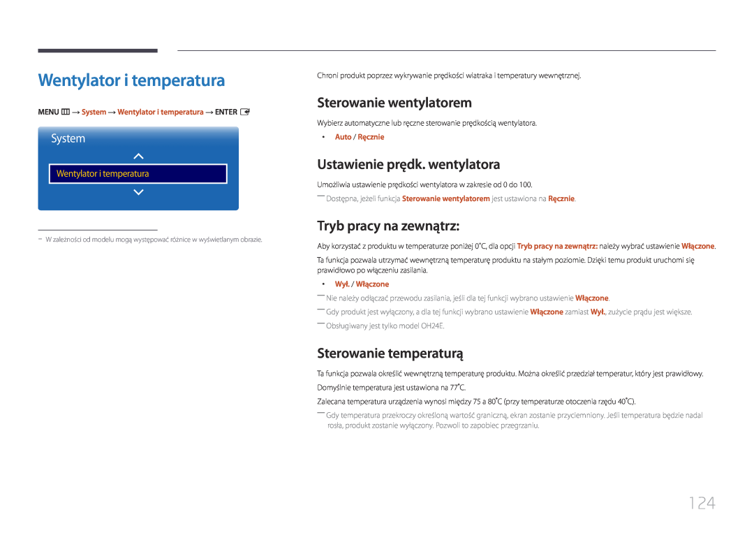 Samsung LH24OMEPWBC/EN manual Wentylator i temperatura, Sterowanie wentylatorem, Ustawienie prędk. wentylatora, System 