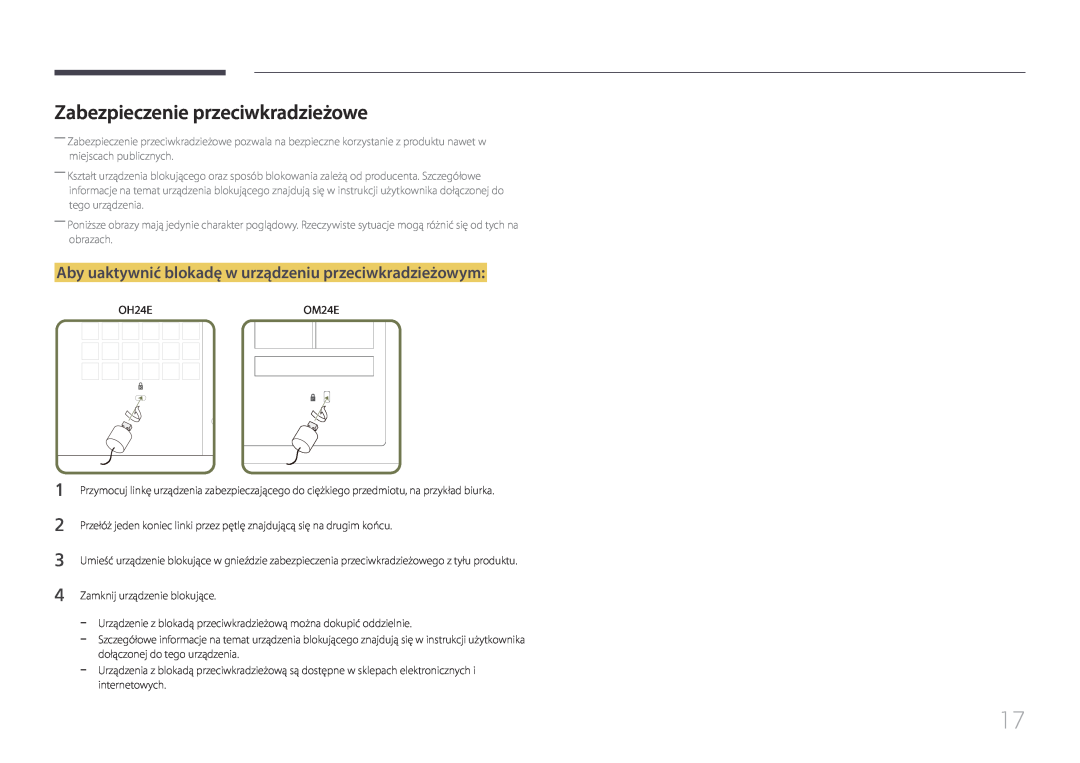 Samsung LH24OHEPKBB/EN manual Zabezpieczenie przeciwkradzieżowe, Aby uaktywnić blokadę w urządzeniu przeciwkradzieżowym 