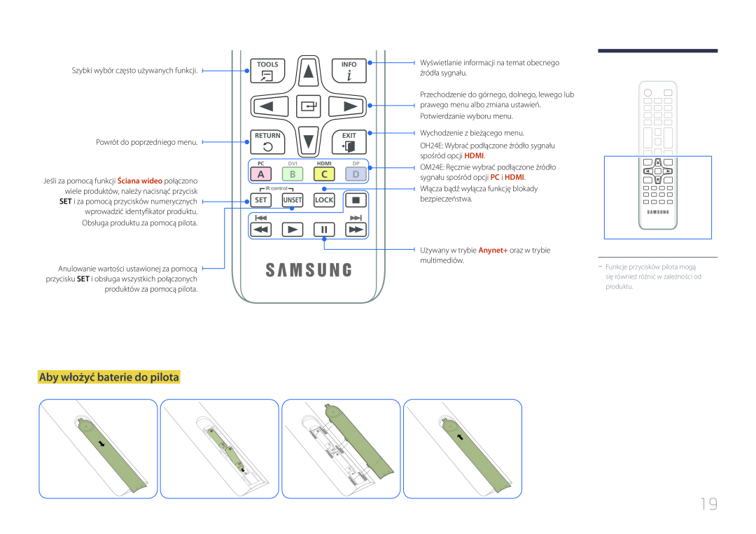 Samsung LH24OHEPKBB/EN, LH24OMEPWBC/EN manual Aby włożyć baterie do pilota, A B C D 