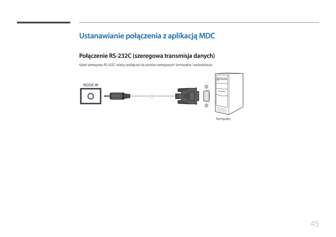 Samsung LH24OHEPKBB/EN Ustanawianie połączenia z aplikacją MDC, Połączenie RS-232C szeregowa transmisja danych, RS232C IN 