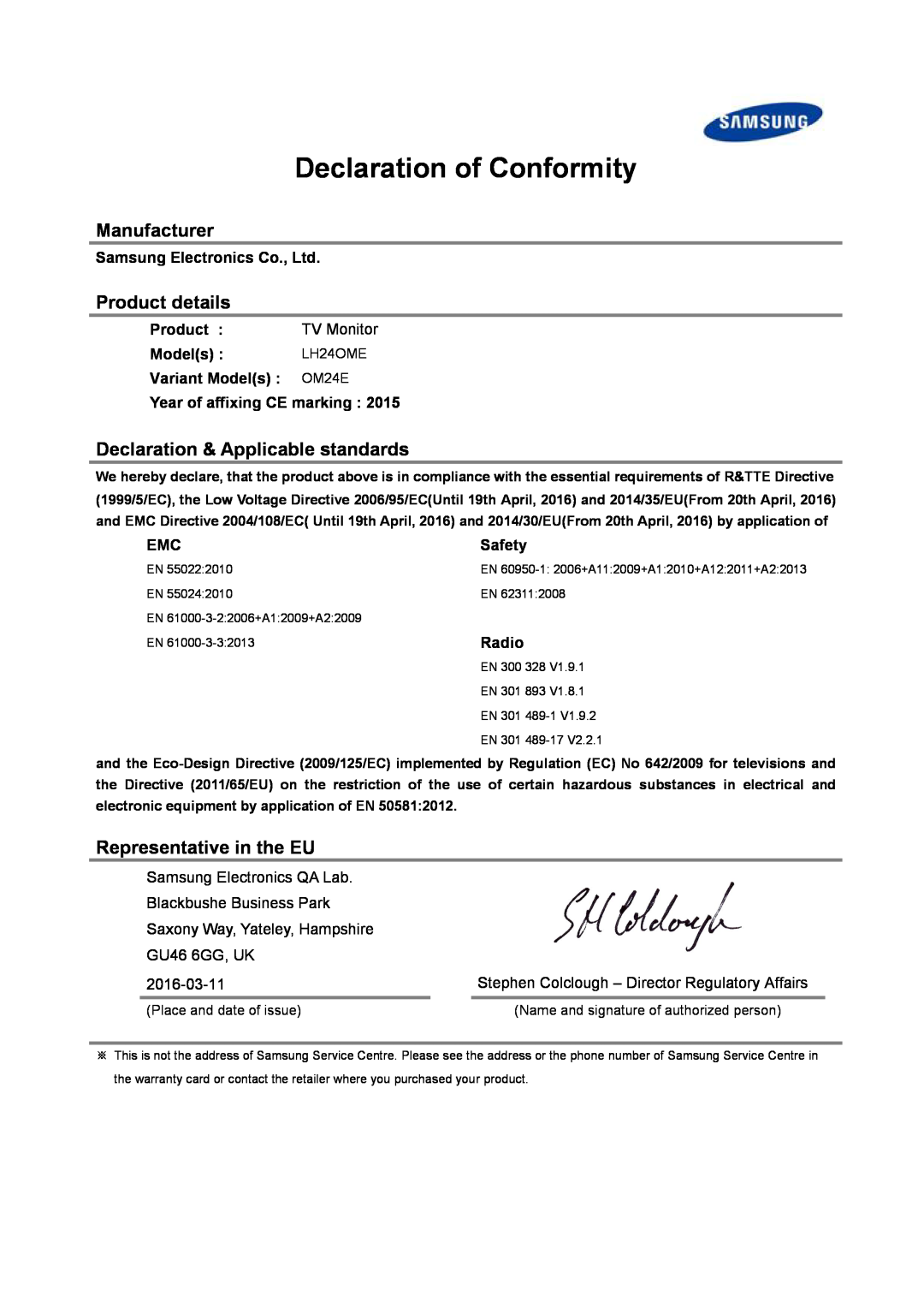 Samsung LH24OHEPKBB/EN manual Declaration of Conformity, Manufacturer, Product details, Declaration & Applicable standards 