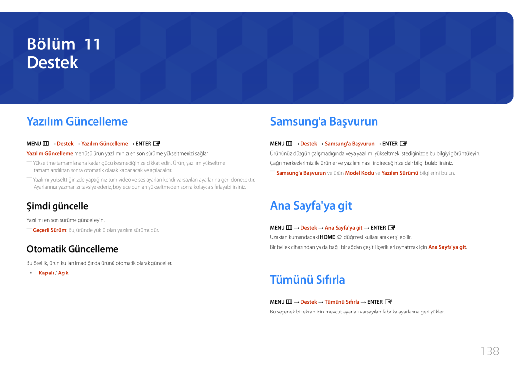 Samsung LH24OMEPWBC/EN Destek, Yazılım Güncelleme, Samsunga Başvurun, Ana Sayfaya git, Tümünü Sıfırla, Şimdi güncelle 