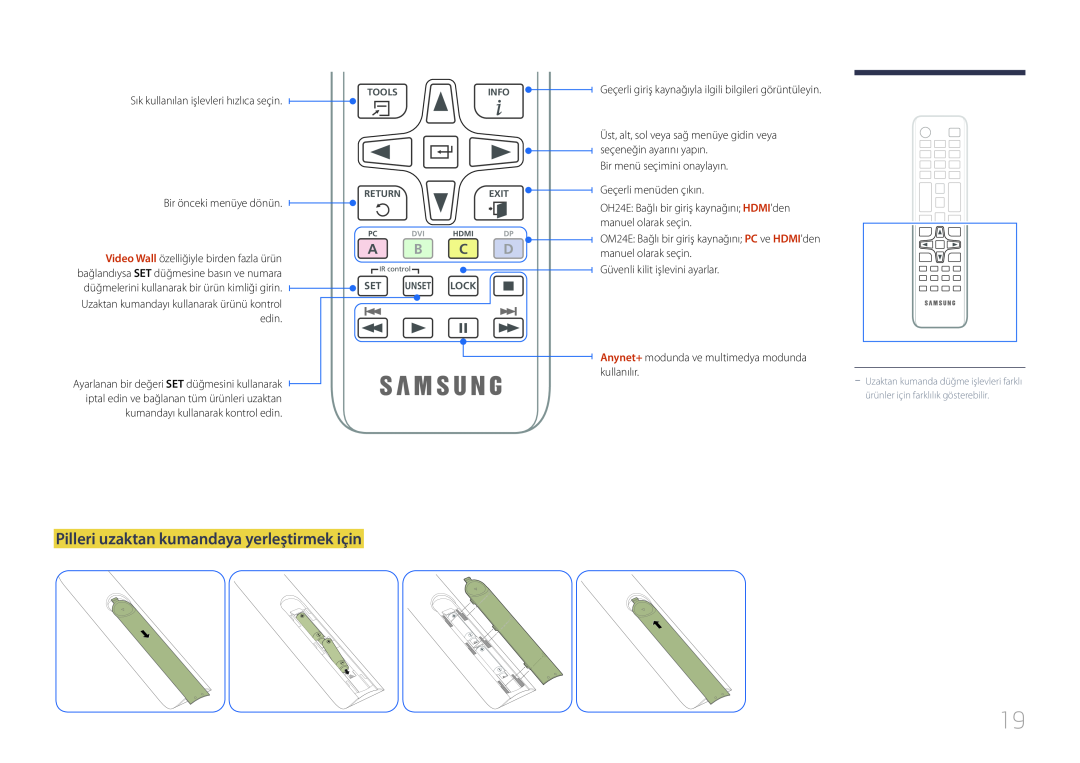 Samsung LH24OHEPKBB/EN, LH24OMEPWBC/EN manual Pilleri uzaktan kumandaya yerleştirmek için, A B C D 