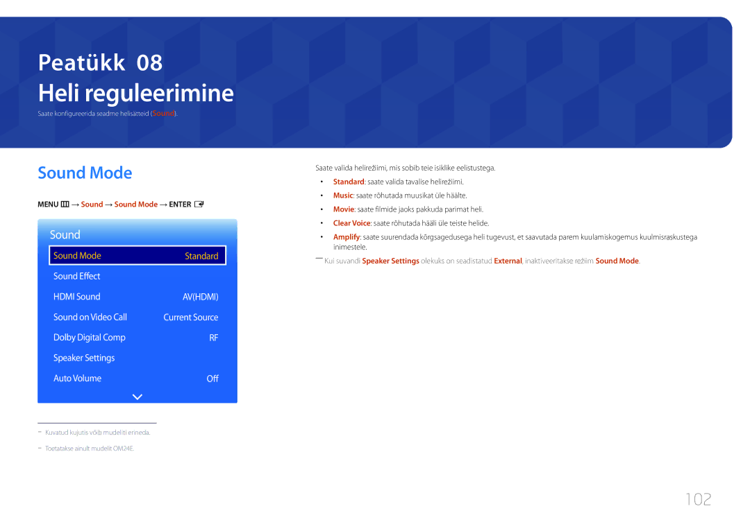 Samsung LH24OMEPWBC/EN manual Heli reguleerimine, Sound Mode, 102 