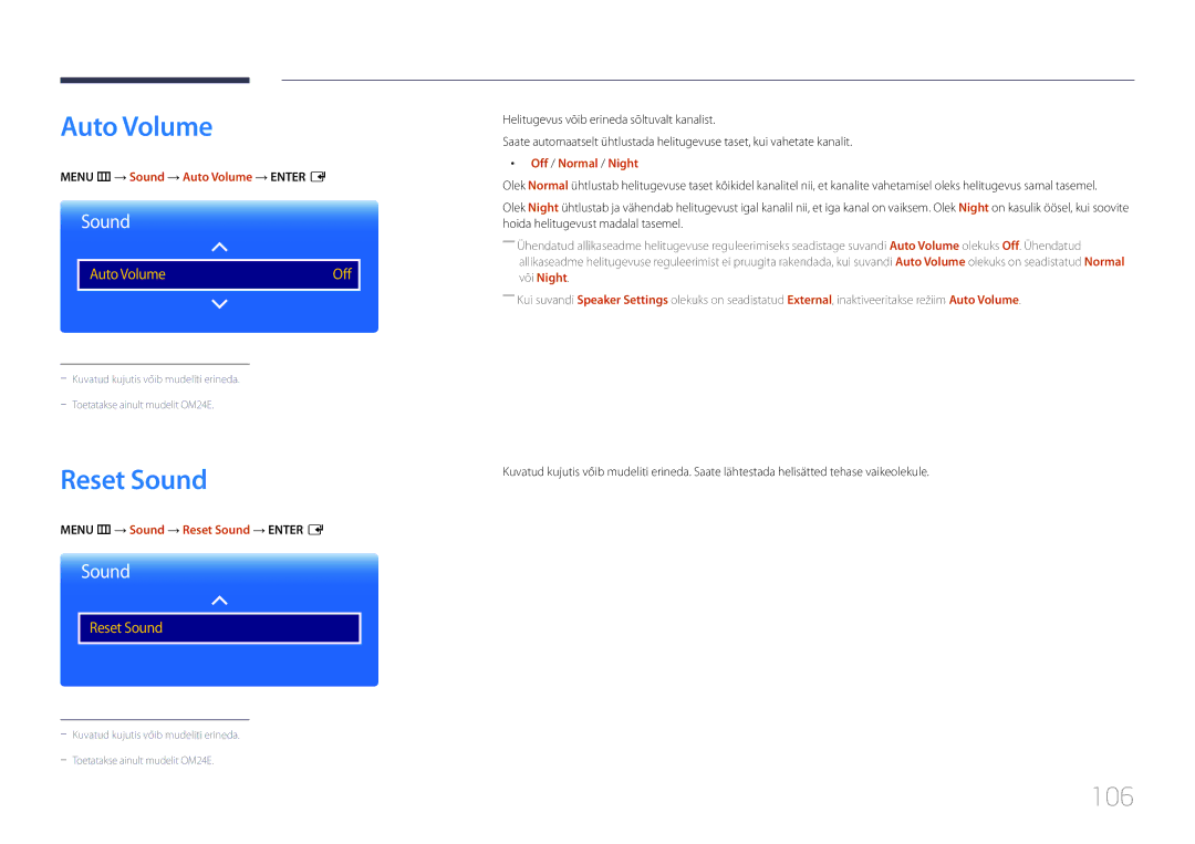 Samsung LH24OMEPWBC/EN manual Auto Volume, Reset Sound, 106 