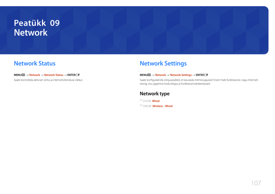 Samsung LH24OMEPWBC/EN manual Network Settings, 107, Network type 