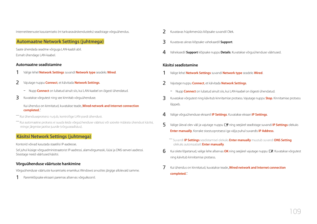 Samsung LH24OMEPWBC/EN manual 109, Automaatne Network Settings juhtmega, Käsitsi Network Settings juhtmega, Completed 