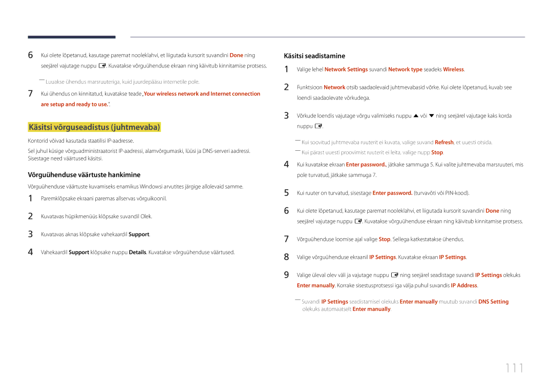 Samsung LH24OMEPWBC/EN manual 111, Käsitsi võrguseadistus juhtmevaba 