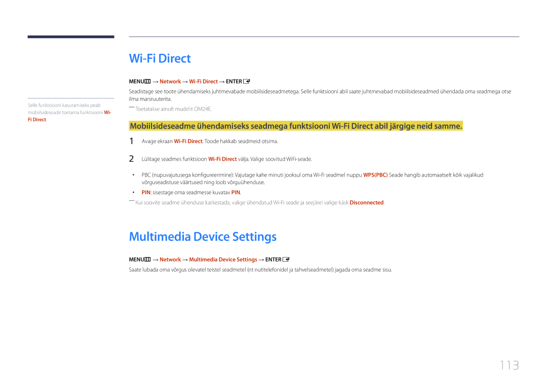 Samsung LH24OMEPWBC/EN manual Multimedia Device Settings, 113, MENUm → Network → Wi-Fi Direct → Entere 